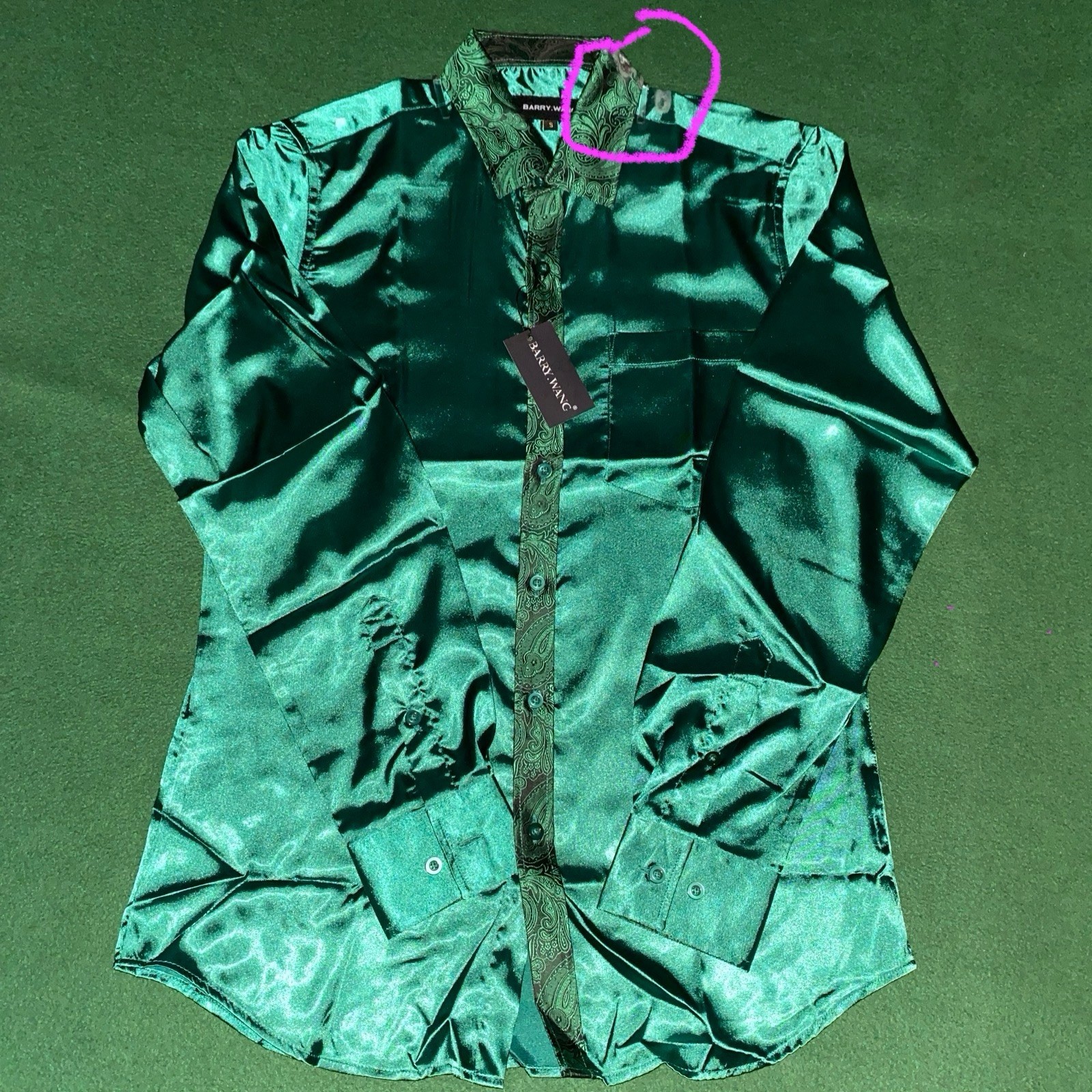 Barry Wang Mens Esmeral Green Silk Satin Dress Shirt Long Sleeve Paisley Cuff(S)