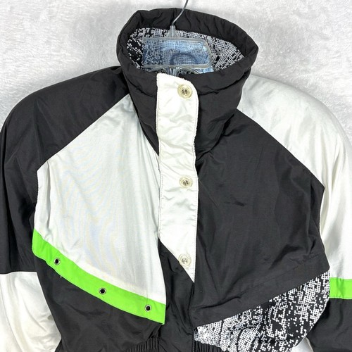 VTG Roffe 80s 90s Ski Jacket Womens 6 Black Green Cropped Coat USA Zip Snap - Picture 4 of 13