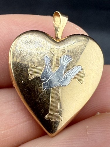 Vintage Gold Filled Locket Heart Dove Cross Photo