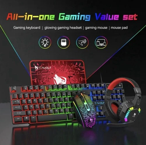 Set Tastiera, Mouse, Cuffie E Tappetino multicolor A LED,Ergonomici,RGB,DPI,