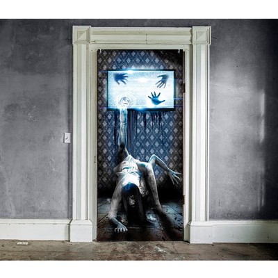 Halloween Türtapete Zombie Mädchen kriecht aus TV Bunt 80x180cm für Mottoparty
