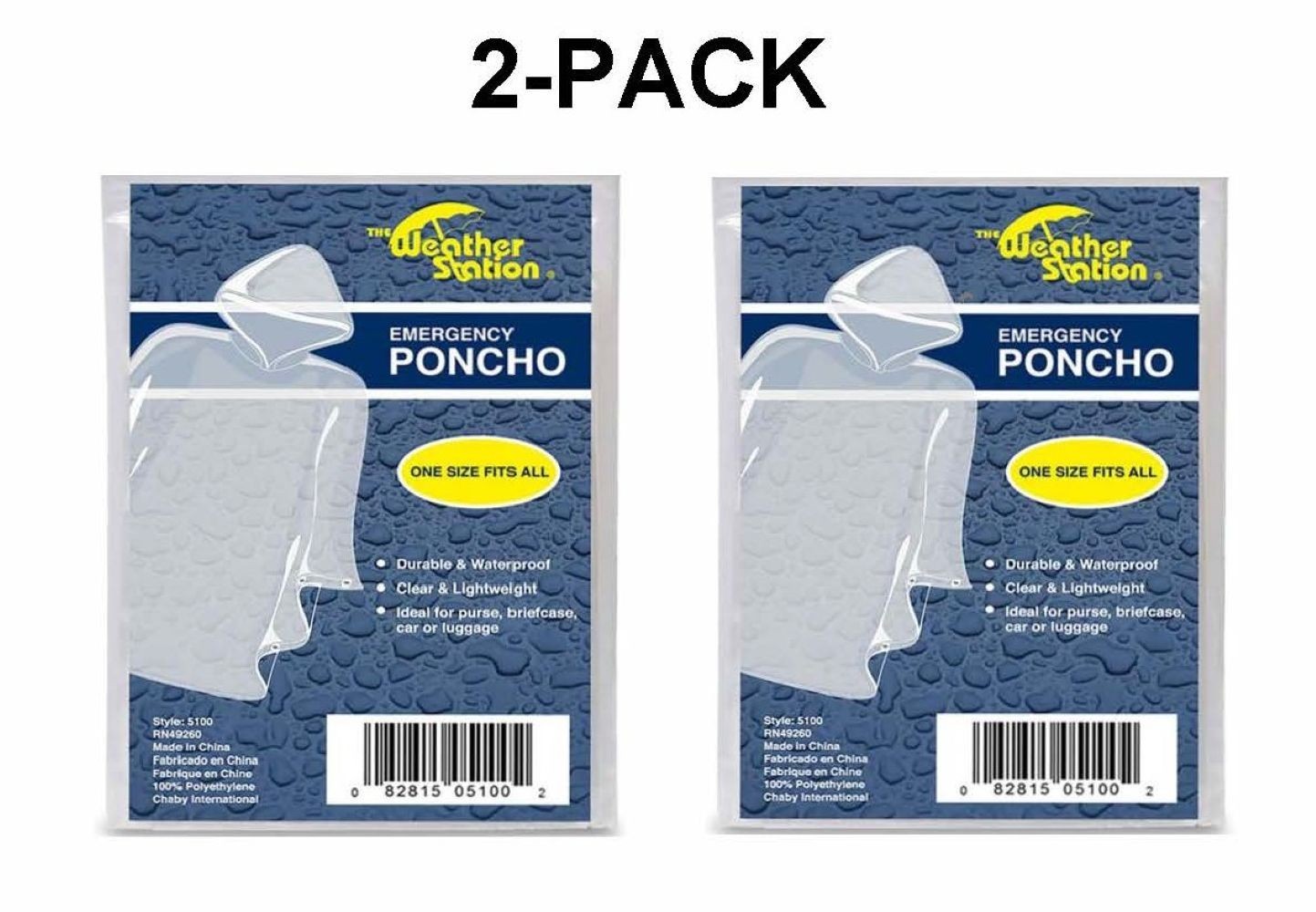Emergency Poncho Clear Lightweight One Size Fits All - 2 Pack