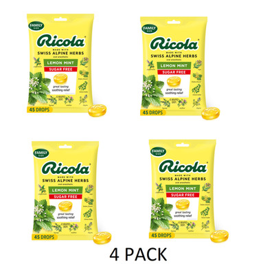 4 PACK Ricola Big Bag Sugar Free Cough Drops Drops 2245, Lemon, lemon mint, 45CO