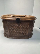 Vintage Lerner Travel Sweing Box, Faux Wicker, Plastic, Large, Brown