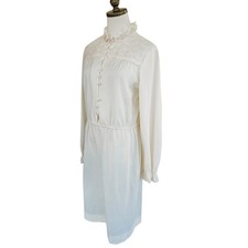 Vintage White Linen Long Sleeve Dress Cottagecore Victorian Romantic