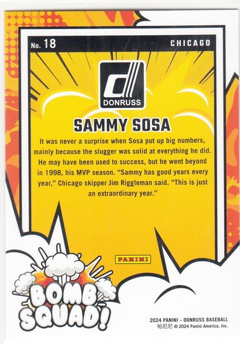 2024 Donruss Insert Bomb Squad! Blue Xplosion/49 SAMMY SOSA #18 Cubs - Imagen 2 de 2