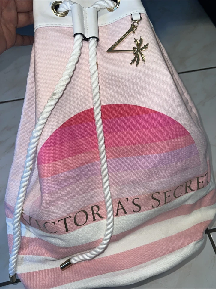 VICTORIA'S SECRET Striped Pink Canvas Cinch Backpack Great Beach Bag Travel Gym - Image 3 of 3