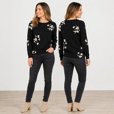 Ann Taylor Petite XSP Black Floral Knit Sweater Classic Feminine Quiet Luxury