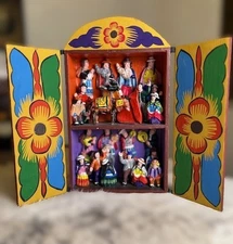 AUTHENTIC PERUVIAN FOLK ART RETABLO SHADOW BOX CONTAINING A VILLAGE FIESTA