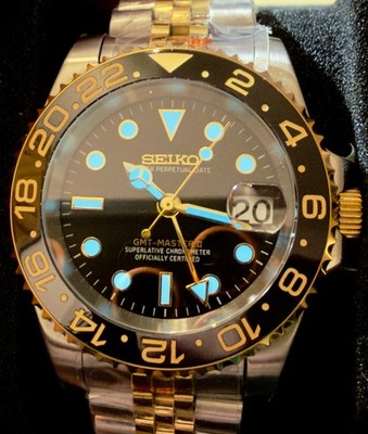    Seikomodd NH34A Auto GMT Build - 904L vergoldet - Sapphire - Glas Back   