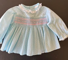 Vintage Mothercare Smocked Baby Dress Blue 12 months dots lace trim