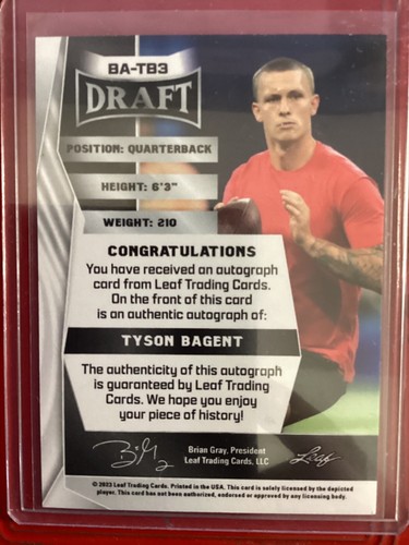 2023 Leaf Draft Tyson Bagent RED Auto #BA-TB3 XRC Rookie (RC) Chicago Bears - Picture 2 of 2