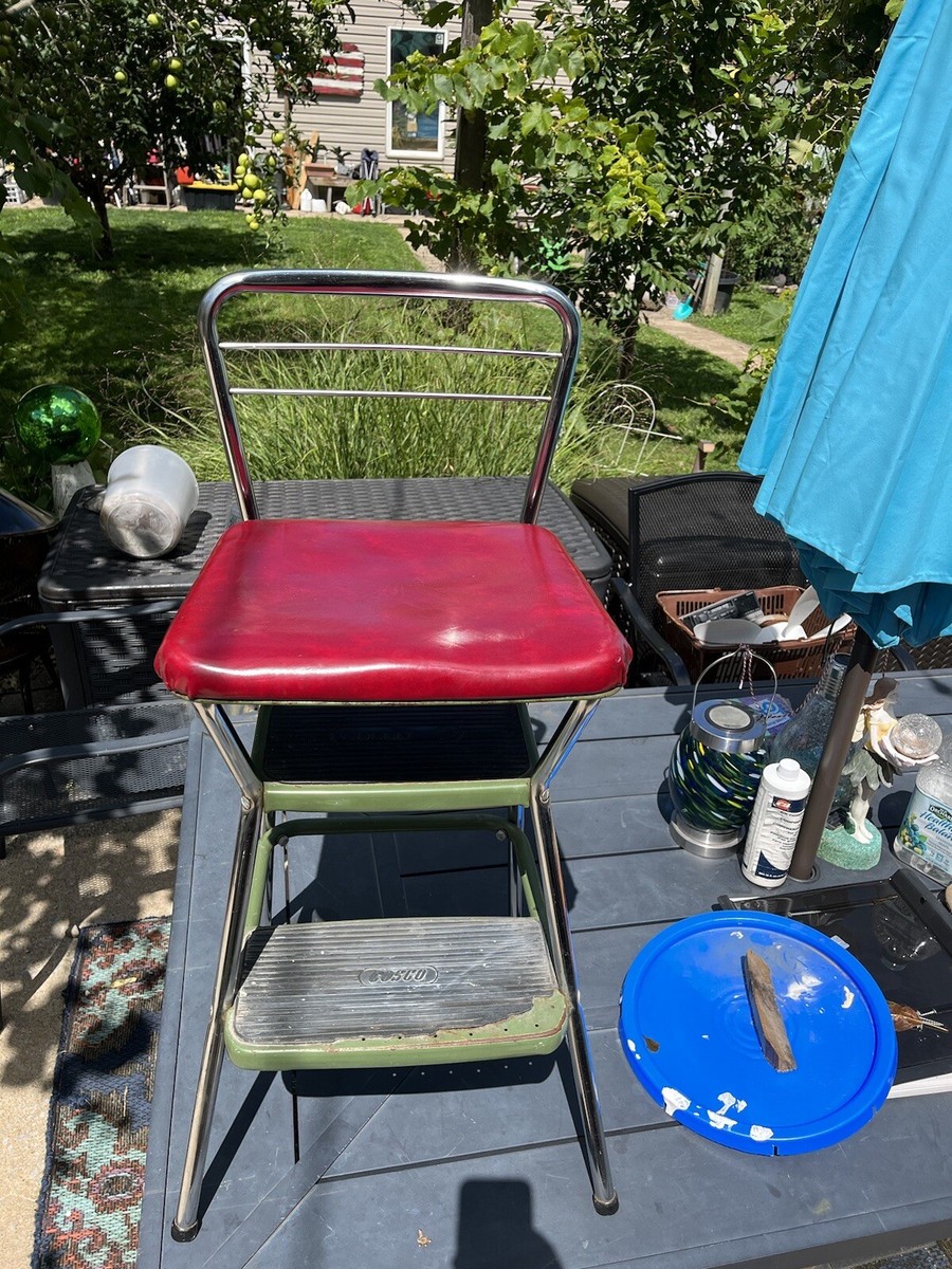 Vintage Cosco Kitchen Metal Step Stool Chair Red Flip Up Seat