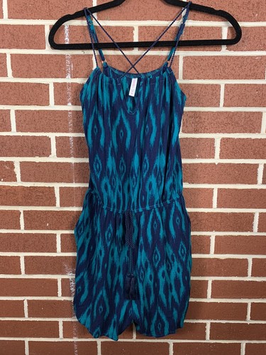 Xhilaration Juniors Navy Blue Turquoise Tied Waist Sleeveless Romper, Size XS - Picture 2 of 8