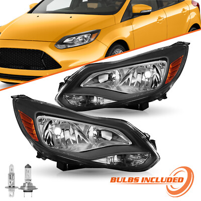 For 2012 2013 2014 Ford Focus Black Headlights Headlamps Assembly Pair w/ Bulbs