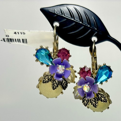 Betsey Johnson Multicolor Rhinestone Pink Blue Gold Tone Lever Back Earrings - Picture 6 of 15