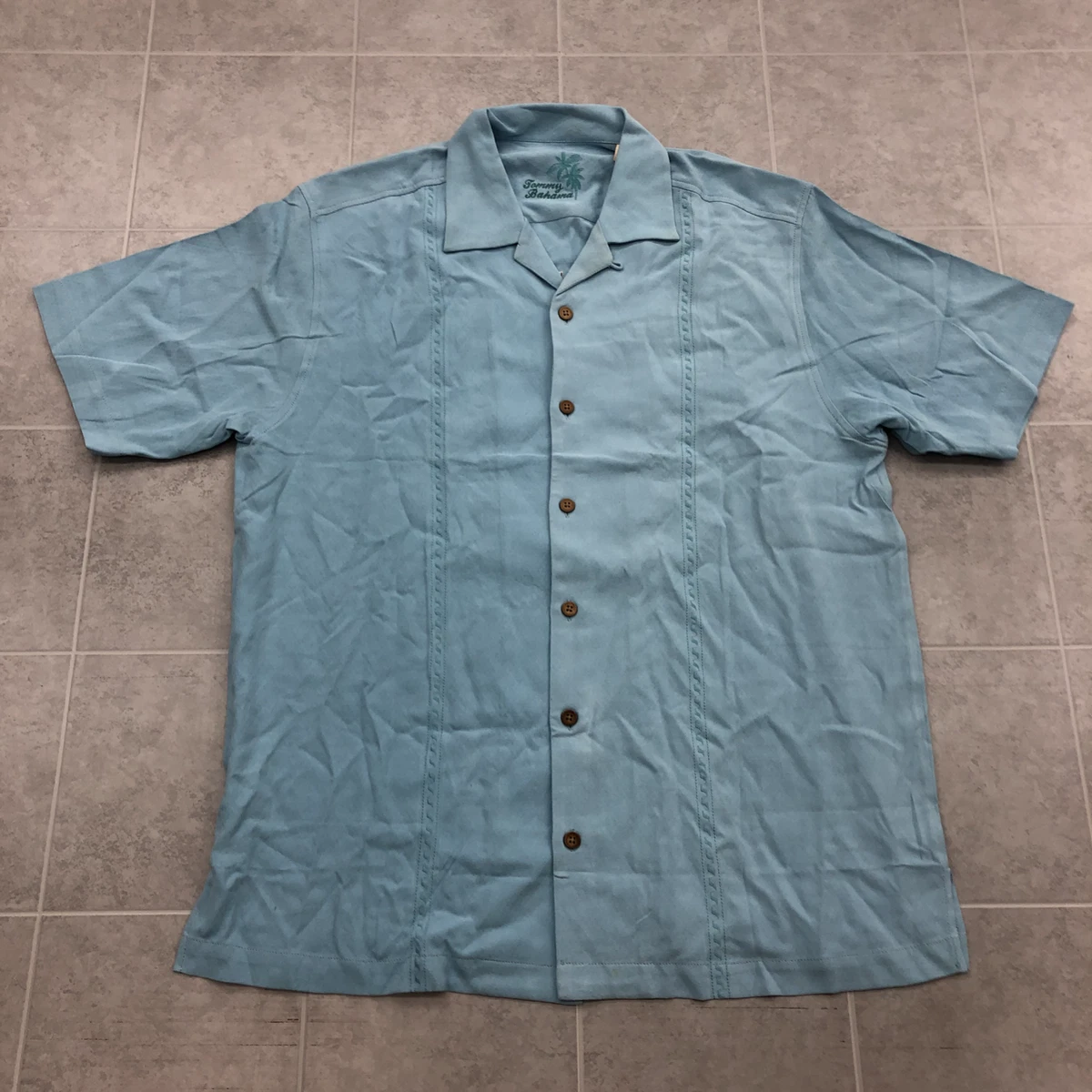 Tommy Bahama Sound Waves Blue Embroidered Silk Button Up Shirt Adult Size M