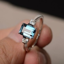 London Blue Topaz Ring Engagement Ring Emerald Cut Blue Gemstone Sterling Silver