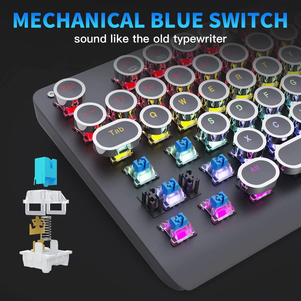 Wired Blue Switch Mechanical Keyboard with Retro Typewriter Backlit 104 Keys