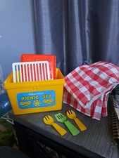 Vintage 1985 Fisher Price picnic basket With Accessories. Kids Toy Play Set.