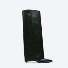 Image of Womens Faux Leather Pull on Pointed Toe High Heels Knee High Boots US 5-10.5