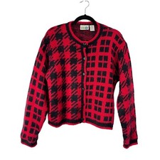 Vintage 80s 90s Size Small Red Black Cardigan Sweater 50 Mohair Phil Harris