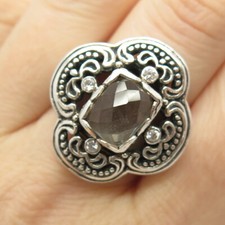 925 Sterling Silver Vintage Real Smoky Quartz C Z Ornate Ring Size 9