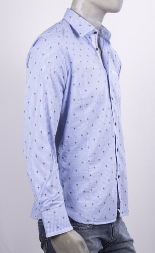 CAMICIA AL MILANO CELESTE QUADRETTI CELESTE CON STAMPA PALME E INTARSI SLIM FIT - Foto 2 di 8