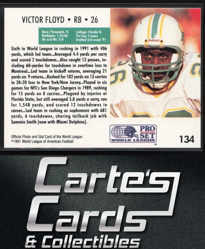 Victor Floyd 1991 Pro Set WLAF #134 Sacramento Surge - Picture 2 of 2