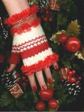 LBs Designer Wool Hand Knitted Christmas Xmas Red Cream Fingerless MITTS Mitten