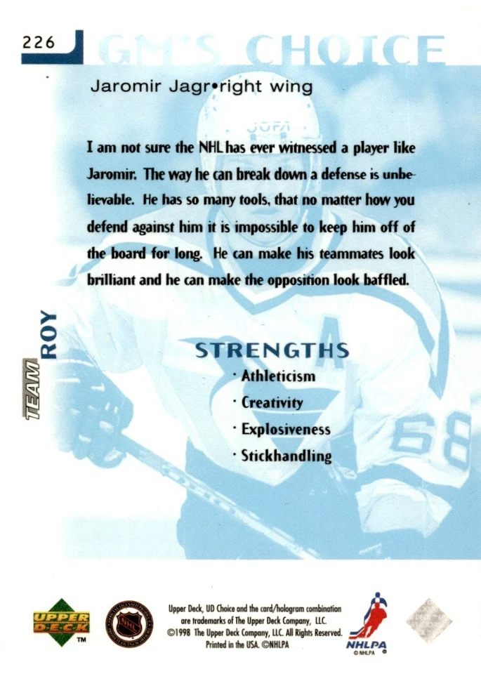 1998-99 UD Choice Jaromir Jagr Pittsburgh Penguins #226 - Image 2 of 2