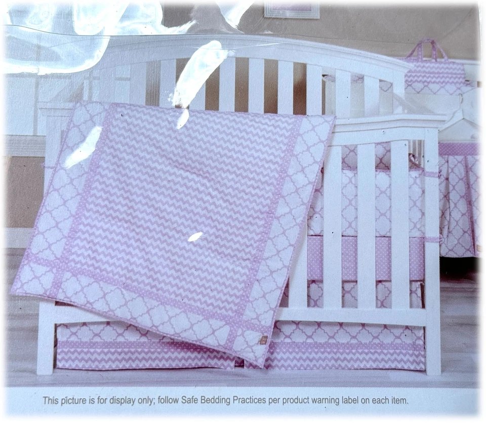 Trend Lab Juego de Cuna para Bebé con Cenefa Orquídea Flor Cuadrifolio Puntos Chevrons 4 Piezas NUEVO Foto 3 de 4