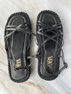 Zara Leather Rope Flatform Strappy Sandals Black Size US EU