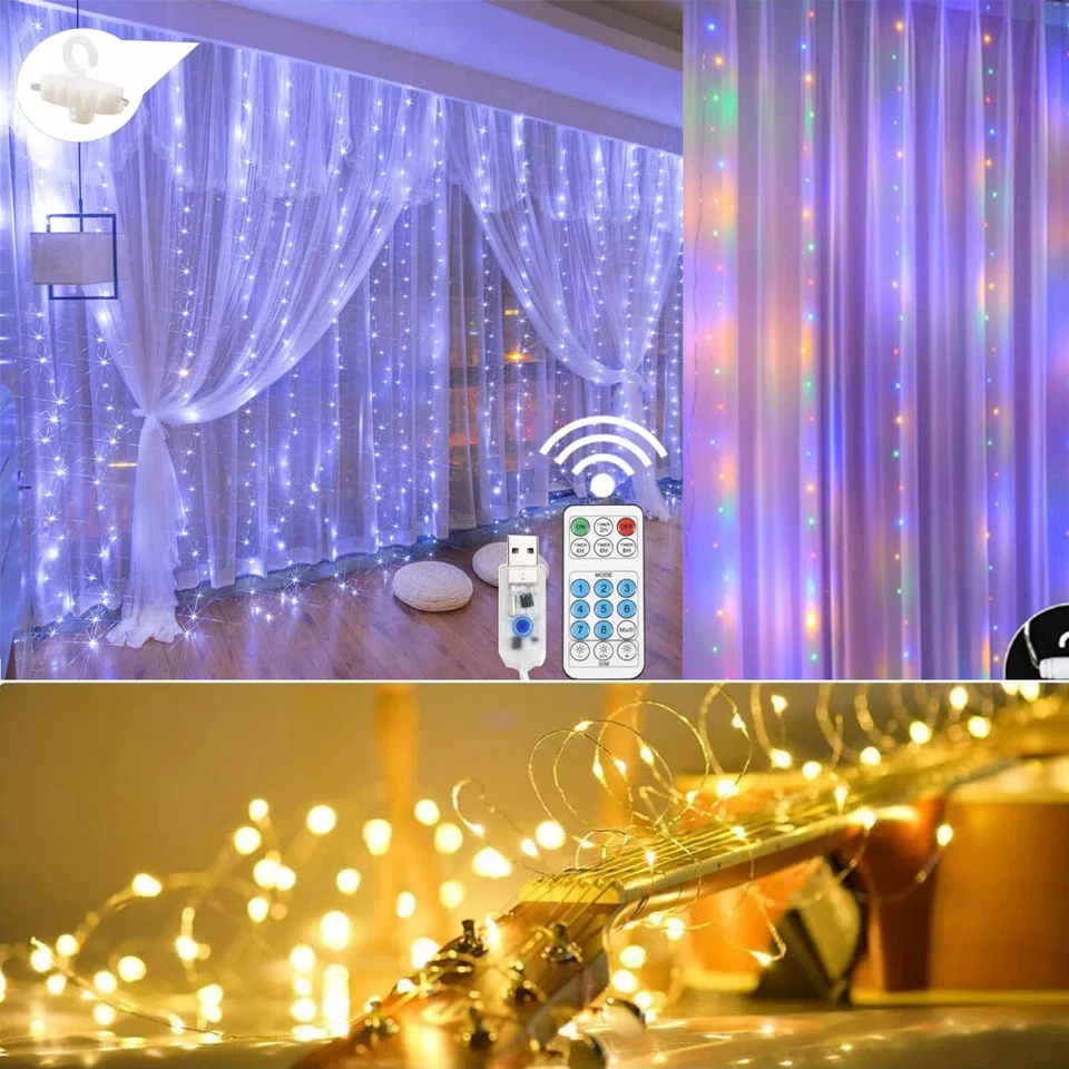 300 LED Curtain Fairy Light USB String Light With Remote Xmas Home Party Wedding - Image 2 of 4
