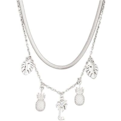 Tropical Palm Trees, Pineapples, Monstera Leaves, Charm 2-Layer Silver Necklace