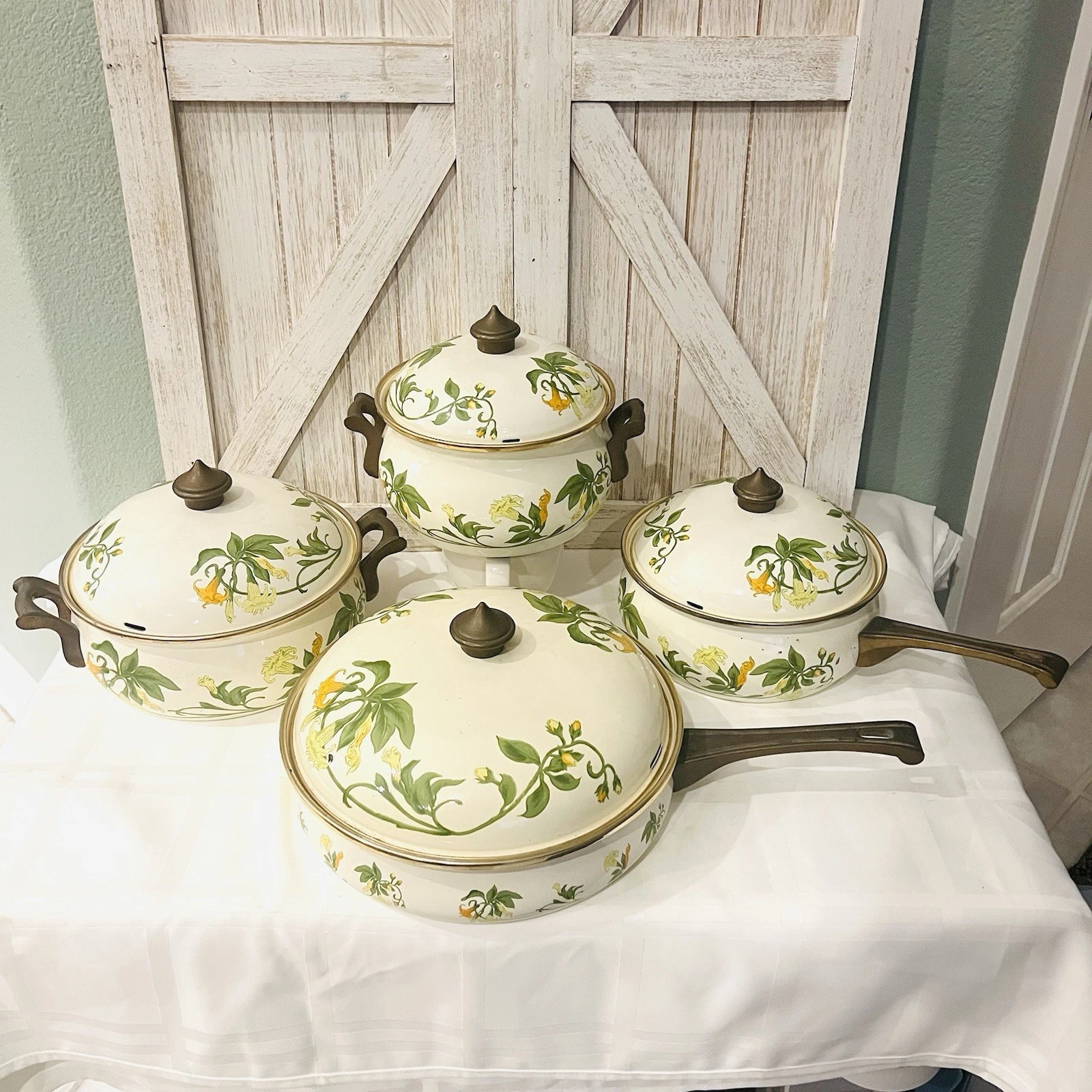 Vintage ASTA German Enamelware Cookware 8 pc Set Sweet Honeysuckle