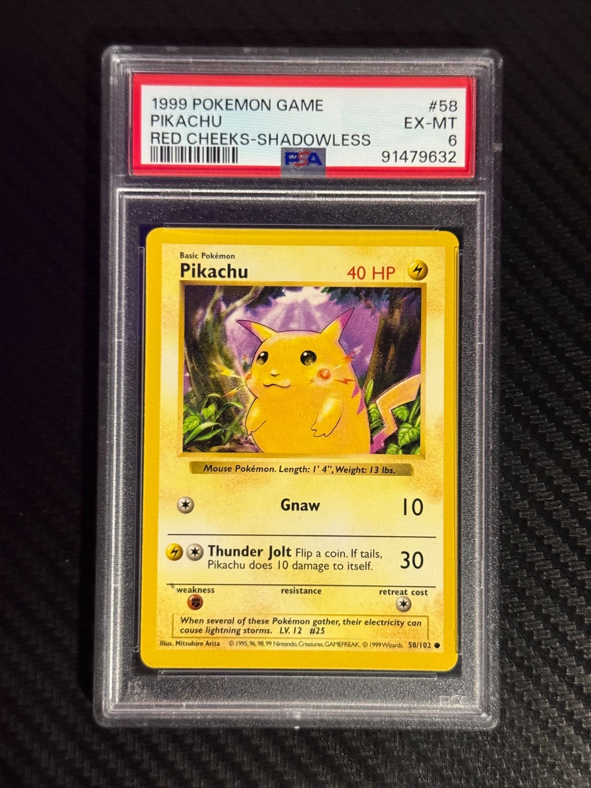 1999 POKEMON BASE SET SHADOWLESS RED CHEEKS PIKACHU #58 PSA 6 Card