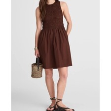Madewell Smocked Mini Dress in Cotton Poplin Brown NW337 XS