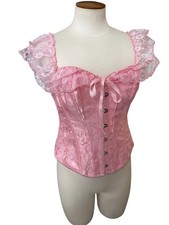 Pink Floral Brocade Bustier Corset Bra Lace Trim Satin Ribbon Laces Up Back M