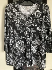 Rebecca Malone Women’s Floral Black & White Stretch Blouse Size 1X Plus Good 