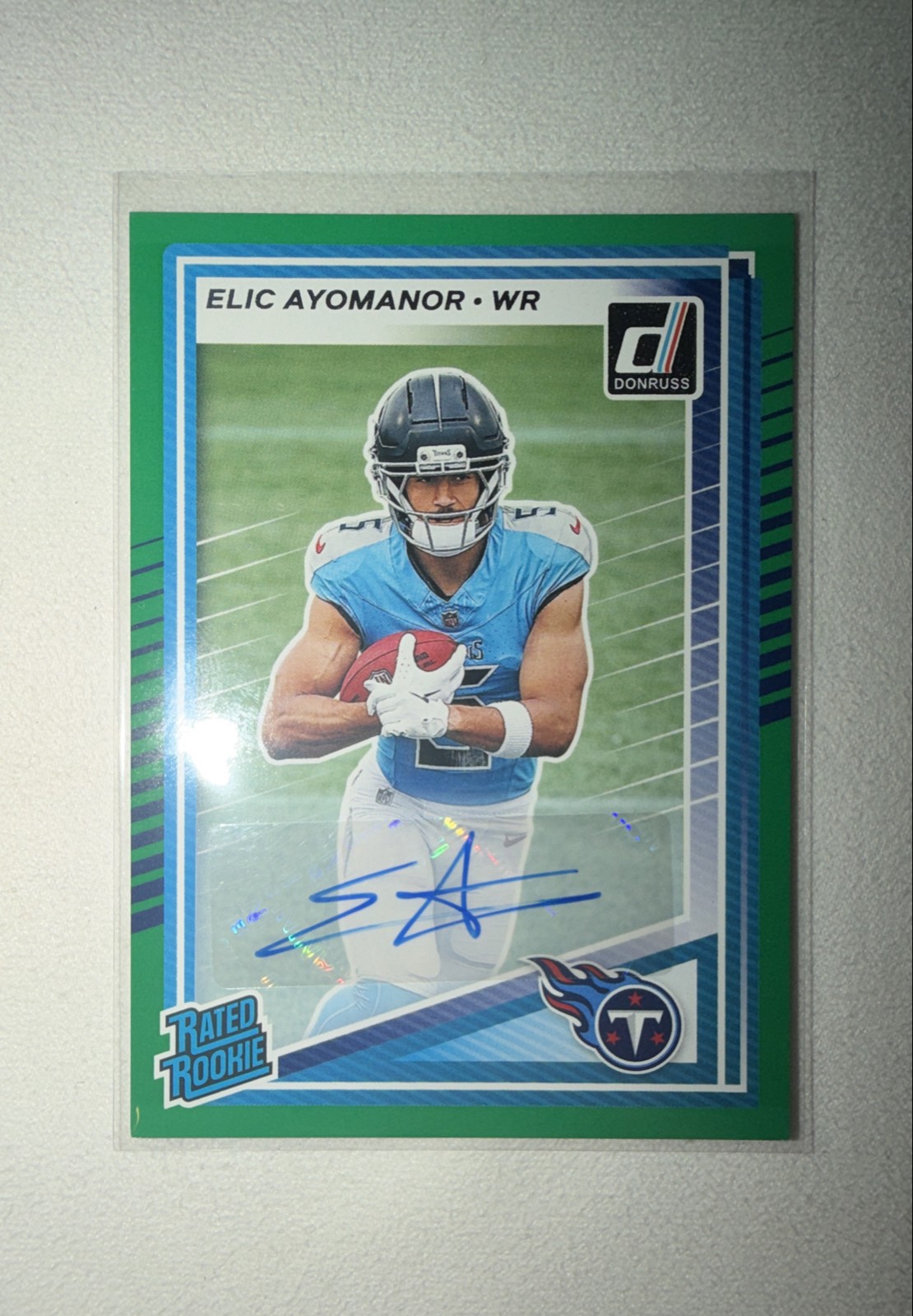 2025 Panini Donruss - Rated Rookie Elic Ayomanor Green Autographs (AU) Titans