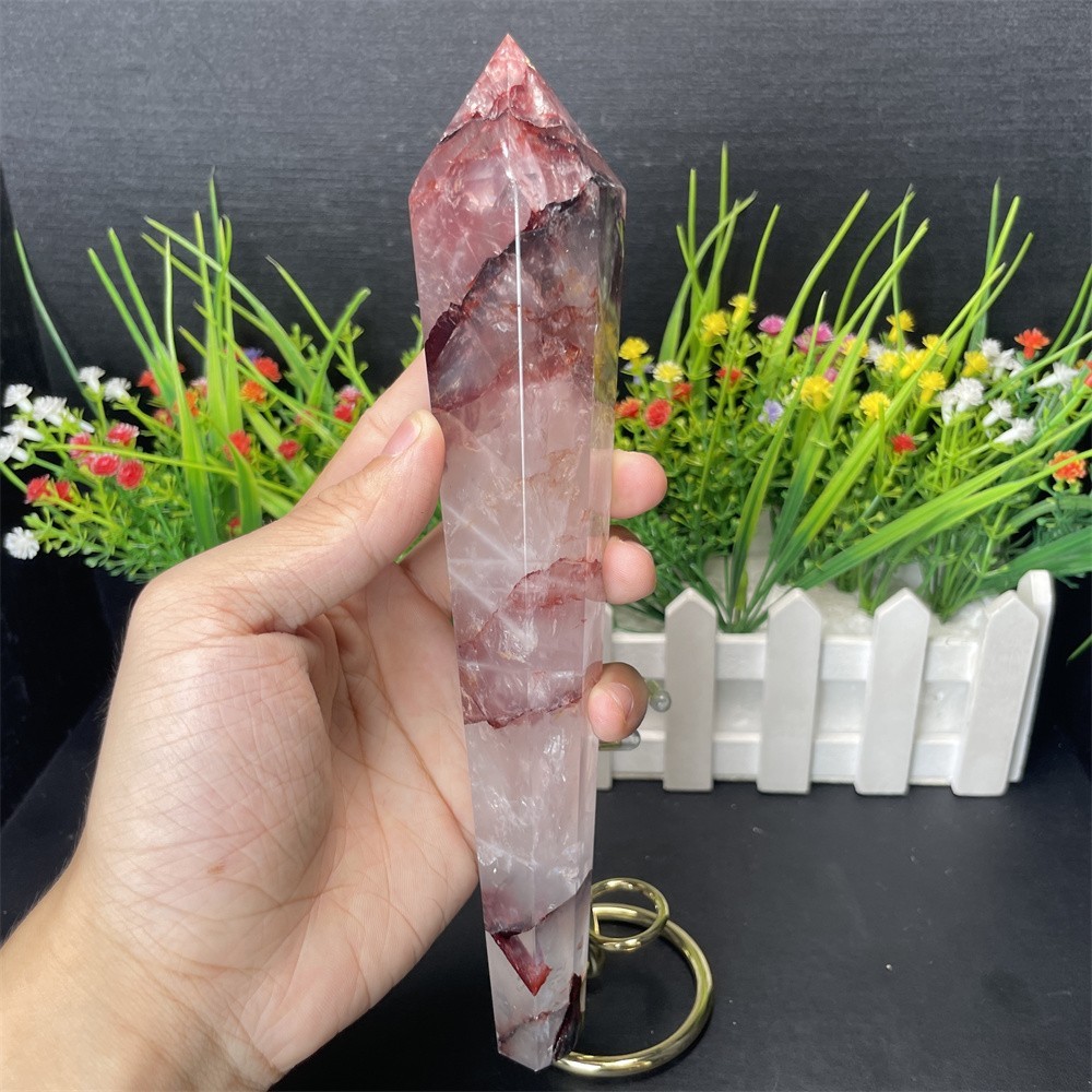 0.7LB 8.4" Natural Red Fire Scepter Obelisk  Point Quartz Crystal Energy Tower
