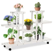 4-Tier Rolling Flower Rack Wood Plant Stand Casters 12 Pots Bonsai Display Shelf