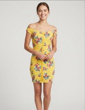 GUESS Yellow Floral Ribbed Off-Shoulder Mini Dress S