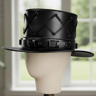Handmade Black Leather Steampunk Top Hat | Gothic Victorian Festival Costume Hat