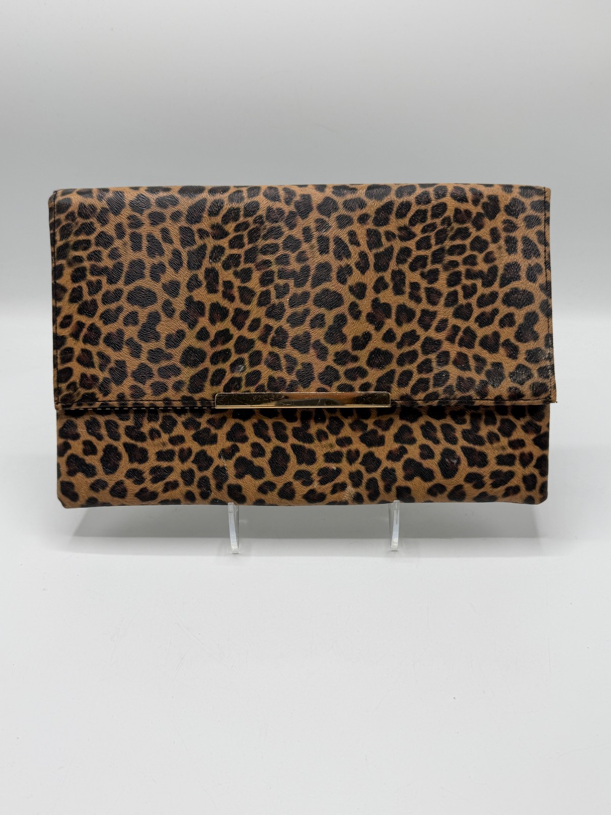 Leopard Print Foldover Clutch Bag Striped Lining Gold Bar AS IS