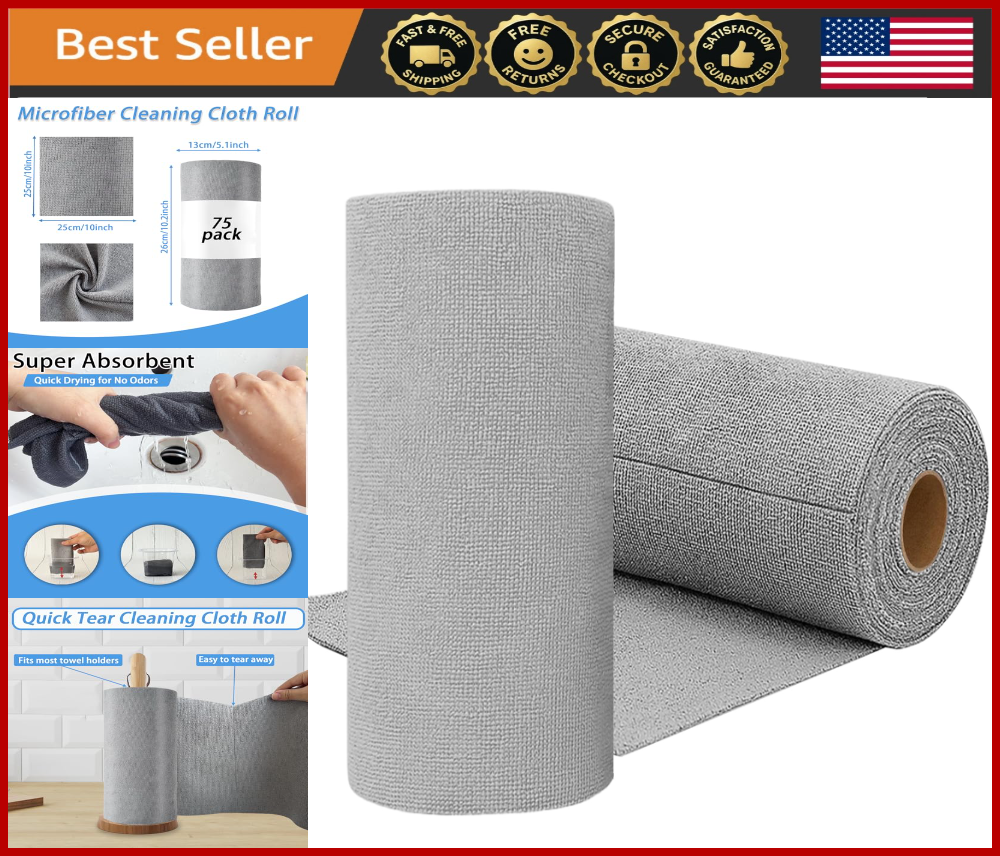 75-Sheet Reusable Microfiber Cloth Roll – Ultra Absorbent Washable Grey Towels