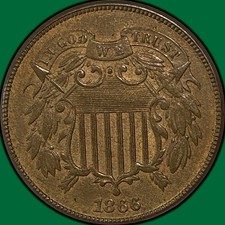 1866 Two Cent Piece Uncirculated UNC Coin, Red Brown #39799
