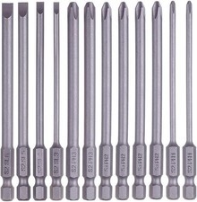 12pcs Long Magnetic Screwdriver Bits - 1/4 Inch Hex Shank, Slotted Cross Heads