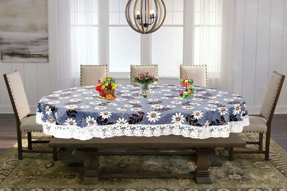 6 Seater Dining Table Cover W x L 60x90 Oval inches with White Border lace - Image 3 of 4